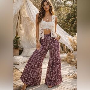 Young Threads Wine Boho Wide Leg Tiered Pants Pockets – Small NWT